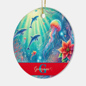 名前をカスタムするお洒落フローラコーラルリーフポインセチア セラミックオーナメント (左)
