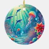 名前をカスタムするお洒落フローラコーラルリーフポインセチア セラミックオーナメント (裏面)