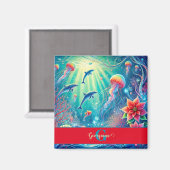 名前をカスタムするお洒落フローラコーラルリーフポインセチア マグネット (正面/裏面)