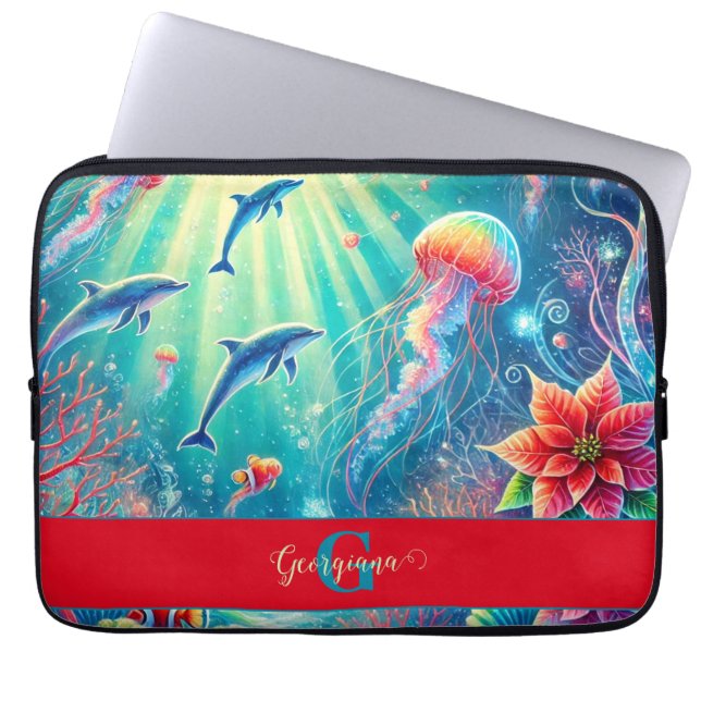 名前をカスタムするお洒落フローラコーラルリーフポインセチア ラップトップスリーブ (正面)