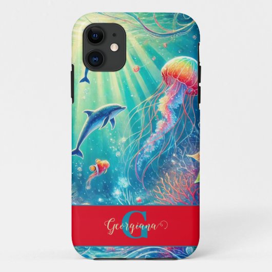 名前をカスタムするお洒落フローラコーラルリーフポインセチア Case-Mate iPhoneケース (裏面)