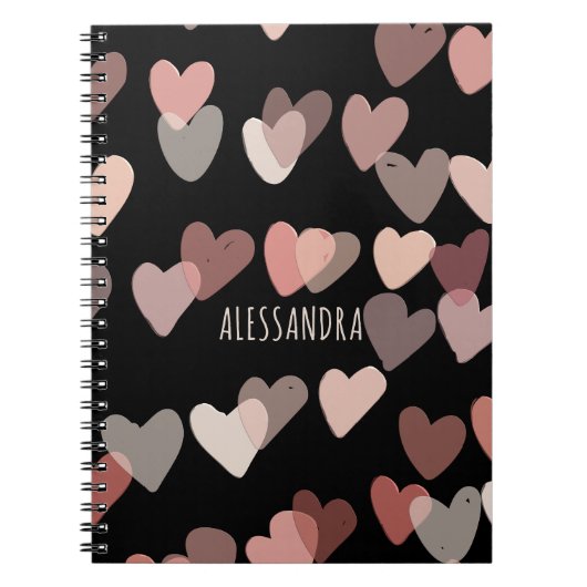 名前をカスタムするかわいいハートパターン黒赤面ピンク ノートブック (正面)