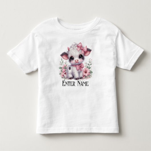 名前をカスタムするかわいいピンクの赤ちゃん女の子ハイランド牛 トドラーTシャツ (正面)