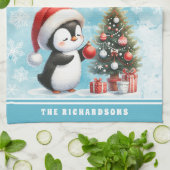 名前をカスタムするかわいいペンギン雪の青のクリスマス キッチンタオル (折り畳み)
