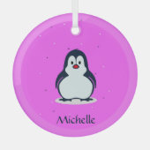名前をカスタムするかわいいペンギンon pink ガラスオーナメント (正面)