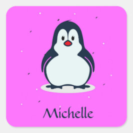 名前をカスタムするかわいいペンギンon pink スクエアシール