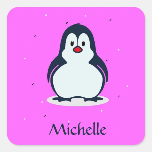 名前をカスタムするかわいいペンギンon pink スクエアシール (正面)