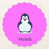 名前をカスタムするかわいいペンギンon pink ペーパーコースター (正面)