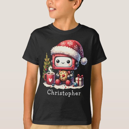 名前をカスタムするかわいいロボット冬休みクリスマス Tシャツ (正面)