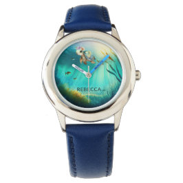 名前をカスタムするかわいい亀の海背景の子供 腕時計