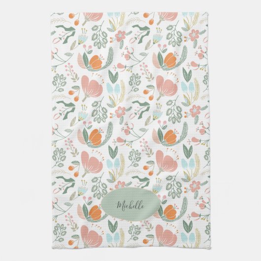 名前をカスタムするかわいい植物性パステル花柄 キッチンタオル (縦)