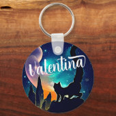 名前をカスタムするかわいい猫と銀河系スター&マウンテンズ キーホルダー (正面)