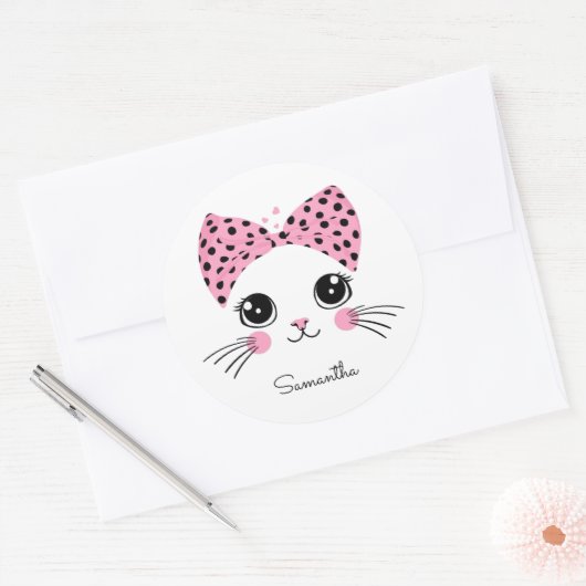 名前をカスタムするかわいい猫顔 ラウンドシール (封筒)
