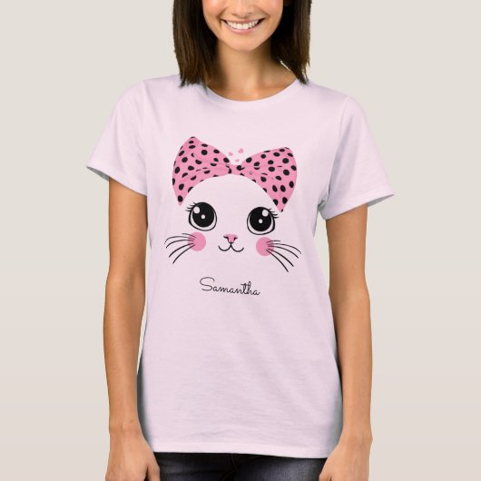 名前をカスタムするかわいい猫顔 Tシャツ (正面)