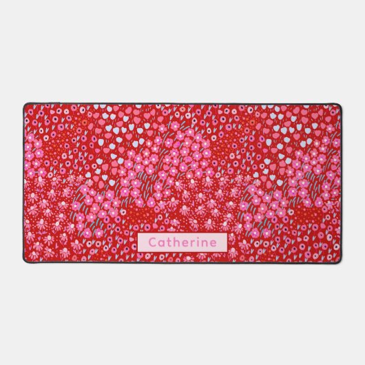 名前をカスタムするかわいい赤ピンクフローラホームオフィス デスクマット (正面)
