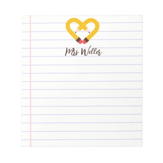 名前をカスタムするかわいい鉛筆ハート先生鑑賞 ノートパッド (正面)