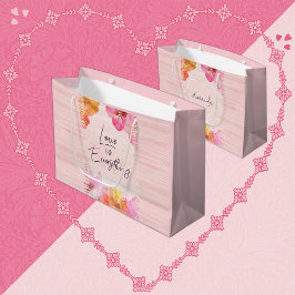 名前をカスタムするかわいらしピンクフローラ水彩 ラージペーパーバッグ