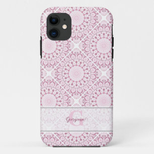 名前をカスタムするかわいらしピンク紙吹雪レースマンダラタイル iPhone 11 ケース