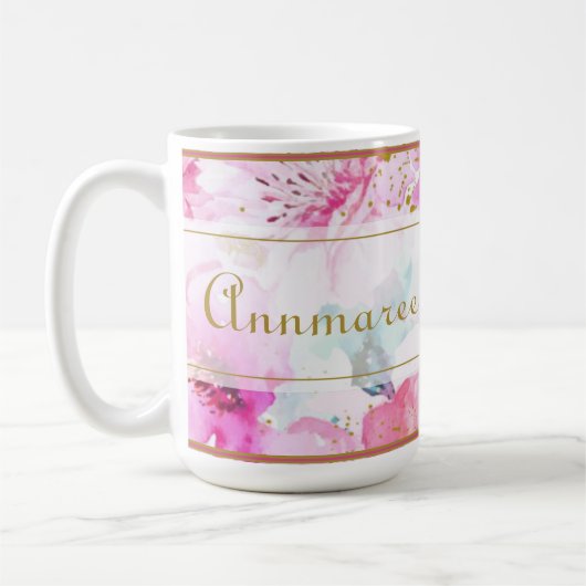 名前をカスタムするかわいらしフローラピンクと金ゴールドラテマグカップ コーヒーマグカップ (左)