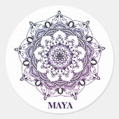 名前をカスタムするか色のHennaの紫色の曼荼羅のステッカー ラウンドシール (正面)