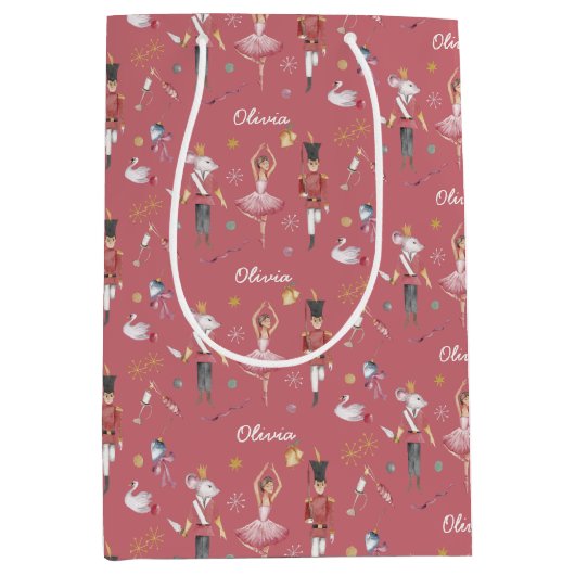 名前をカスタムするくるみクラッカーバレエバレリーナクリスマス ミディアムペーパーバッグ (正面)