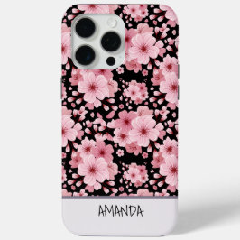 名前をカスタムするさくらんぼ花ピンクの花のパターン iPhone 15 PRO MAXケース