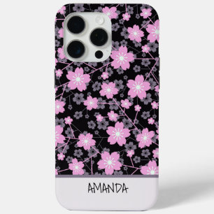 名前をカスタムするさくらんぼ花ピンクの花のパターン iPhone 15 PRO MAXケース