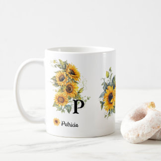 名前をカスタムするとイニシャルひまわり開花黄 コーヒーマグカップ