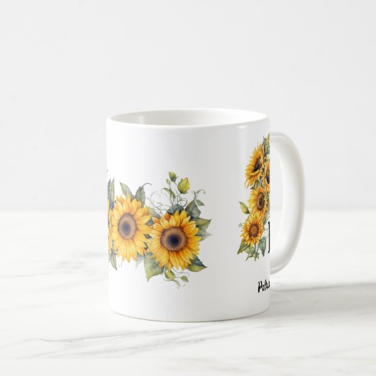 名前をカスタムするとイニシャルひまわり開花黄 コーヒーマグカップ (正面右)