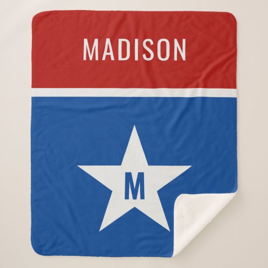 名前をカスタムするとイニシャルレッド、ホワイト、ブルー シェルパブランケット (正面)