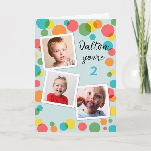 名前をカスタムするとエイジボーイズ水玉模様フォト誕生日 カード (正面)