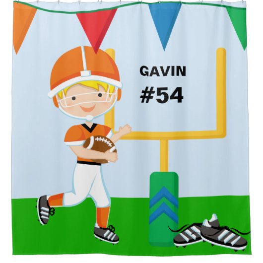 名前をカスタムするとナンバーオレンジのサッカー選手 シャワーカーテン (正面)