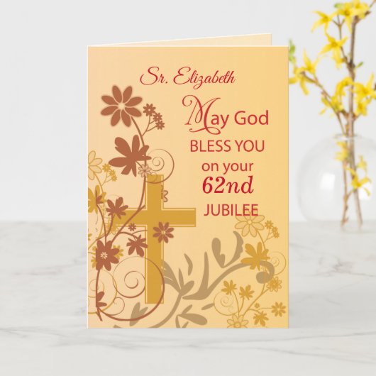 名前をカスタムすると年62周年を迎える修道院 カード (黄色い花)