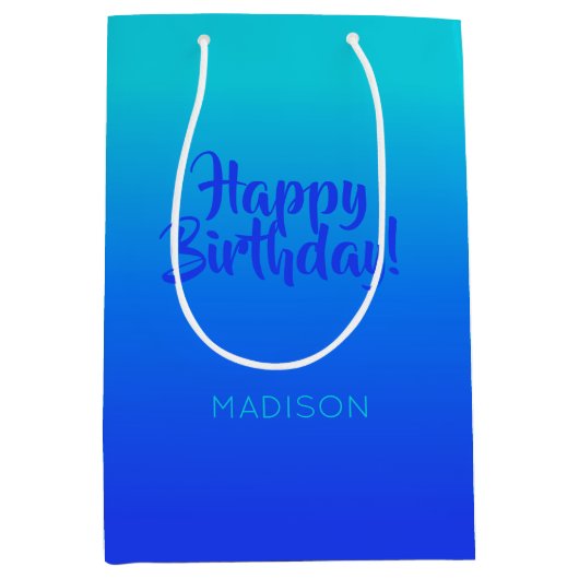 名前をカスタムすると文字のターコイズから青のグラデーション ミディアムペーパーバッグ (正面)