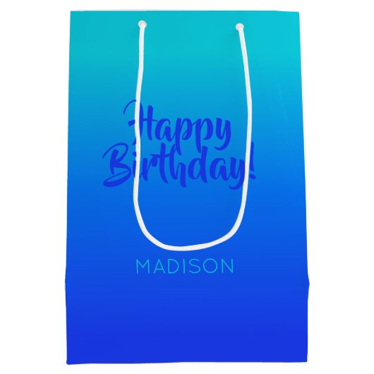 名前をカスタムすると文字のターコイズから青のグラデーション ミディアムペーパーバッグ (裏面)