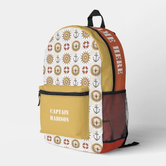 名前をカスタムすると文字のパタ航海のーン プリントバックパック (裏面右端)