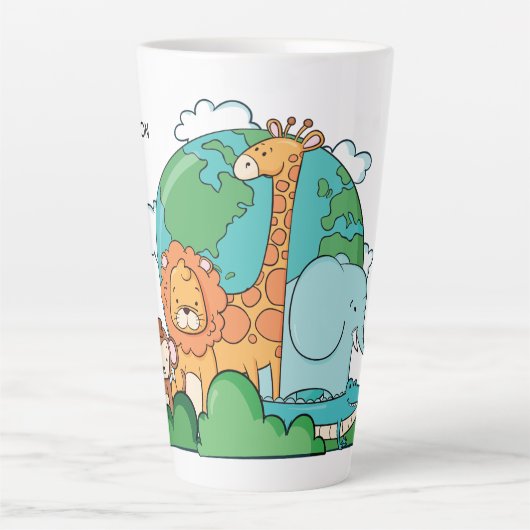 名前をカスタムすると文字地球と動物 カフェラテマグ (正面)