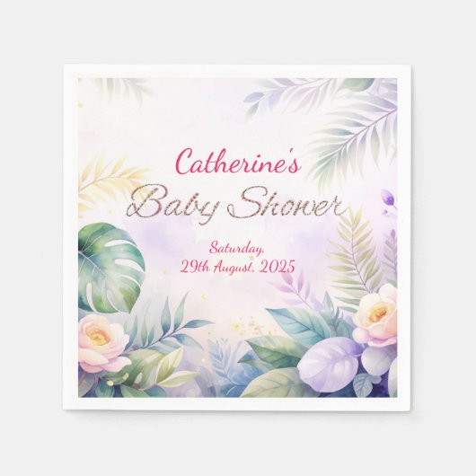 名前をカスタムすると日付熱帯の花ベビーシャワー スタンダードカクテルナプキン (正面)