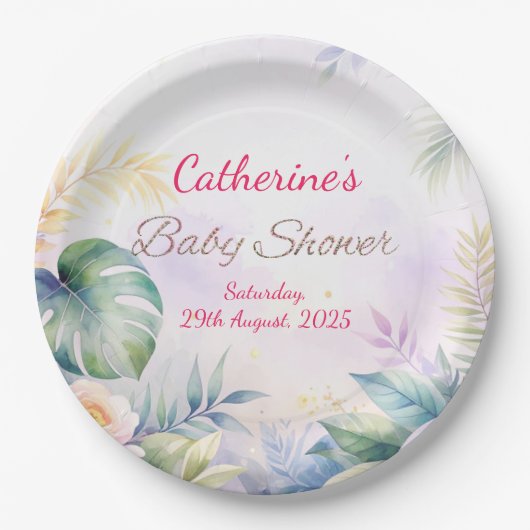 名前をカスタムすると日付熱帯の花ベビーシャワー ペーパープレート (正面)