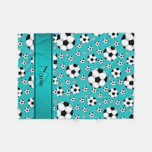 名前をカスタムするのおもしろいのターコイズのサッカーボールおよびストライブ柄 フリースブランケット (正面(横))