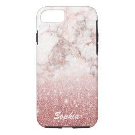 名前をカスタムするののどのばら色の金ゴールドのグリッターの白の大理石 iPhone 8/7ケース