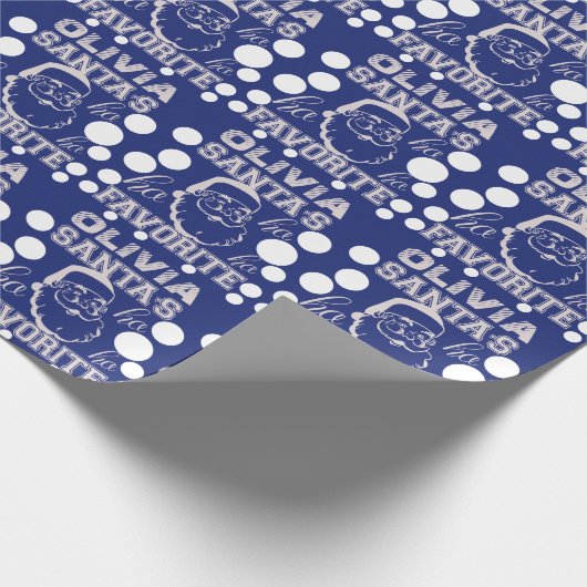 名前をカスタムするのオリビアかわいくおもしろいなサンタクロースの青 ラッピングペーパー (角)