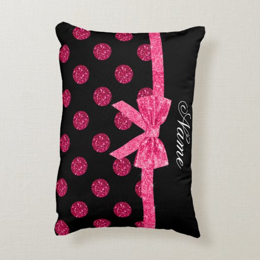名前をカスタムするのショッキングピンクのグリッターの水玉模様の弓 アクセントクッション (裏面(縦))