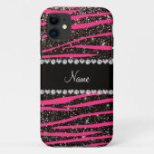 名前をカスタムするのショッキングピンクのシマウマのストライブ柄の黒のグリッター Case-Mate iPhoneケース (裏面)