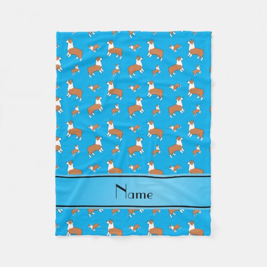 名前をカスタムするのスカイブルーのウェルシュコーギーのペンブローク犬 フリースブランケット (正面)