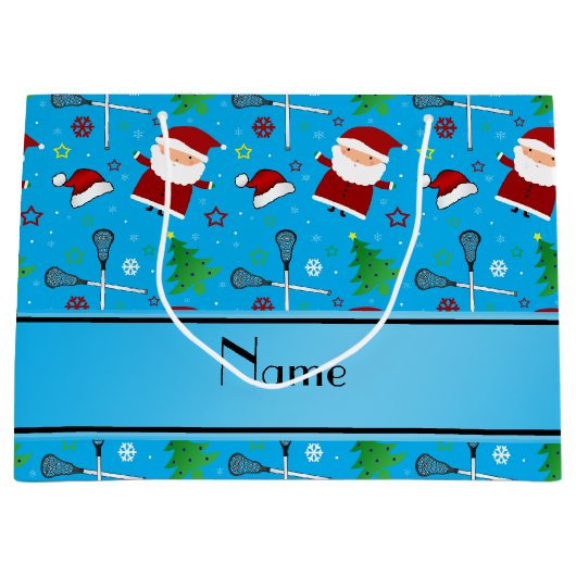 名前をカスタムするのスカイブルーのラクロスのクリスマスパターン ラージペーパーバッグ (正面)