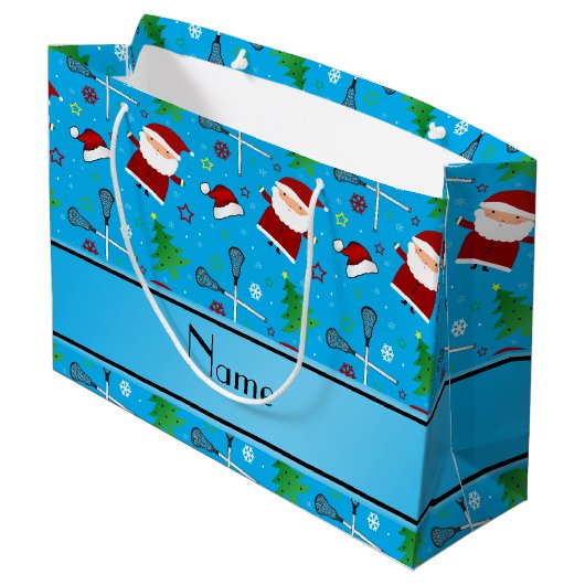 名前をカスタムするのスカイブルーのラクロスのクリスマスパターン ラージペーパーバッグ (裏面アングル)