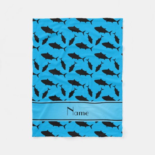 名前をカスタムするのスカイブルーの黒のほんまぐろパターン フリースブランケット (正面)