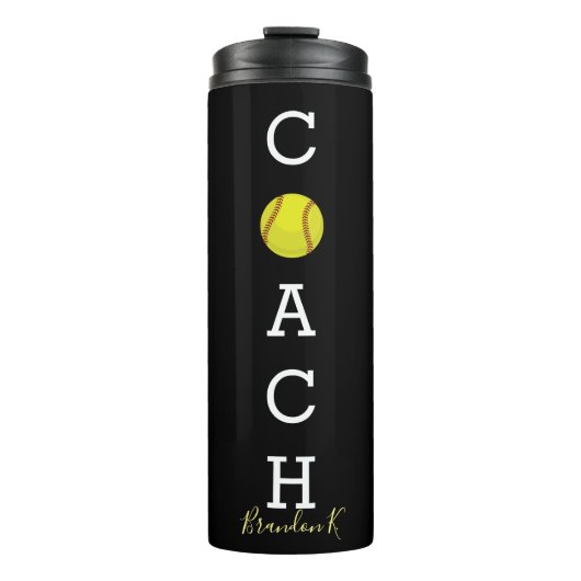 名前をカスタムするのソフトボールのコーチの黒 タンブラー (正面)