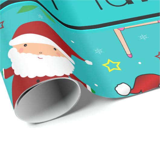 名前をカスタムするのターコイズのクリスマスの体操サンタ ラッピングペーパー (ロールコーナー)